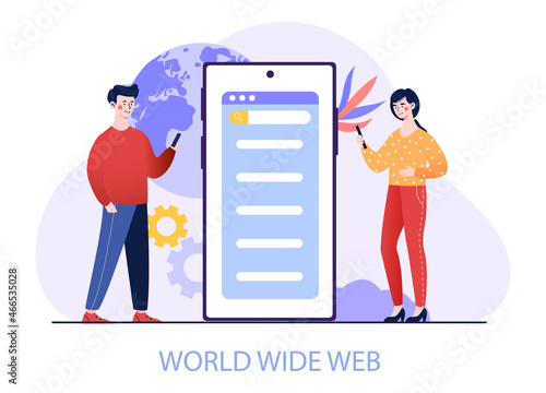 Global web connection concept. Man and girl standing near large smartphone. Chatting in Internet. Search engines, modern technologies, phone. Wireless connection. Cartoon flat vector illustration