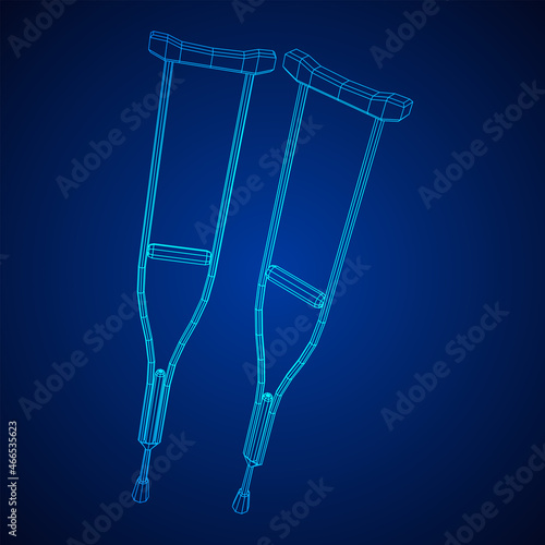 Crutches medical walking sticks for rehabilitation of broken leg. Treatment of people with leg injuries. Wireframe low poly mesh vector illustration.