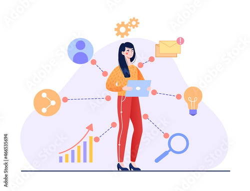 Business intelligence concept. Girl stands in thought with laptop in her hands. Employee of analytical department thinks about further development of company. Cartoon flat vector illustration