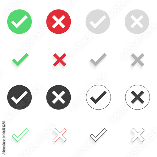 Large set of flat buttons: green check marks and red crosses. Circle and square, hard and rounded corners.