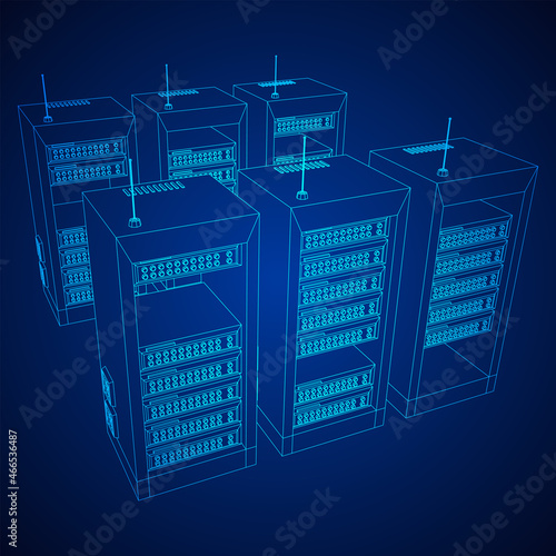 Data network server in cabinet. Diagnostic test in computer room technology communication computers and device concept. Wireframe low poly mesh vector illustration.