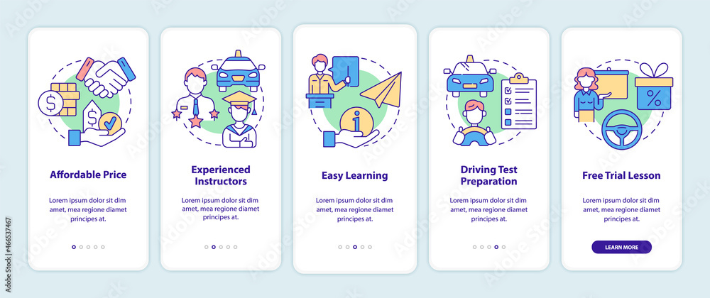 Driving school benefits onboarding mobile app page screen. Advantages walkthrough 5 steps graphic instructions with concepts. UI, UX, GUI vector template with linear color illustrations Driving school benefits onboarding mobile app page screen. Advantages walkthrough 5 steps graphic instructions with concepts. UI, UX, GUI vector template with linear color illustrations