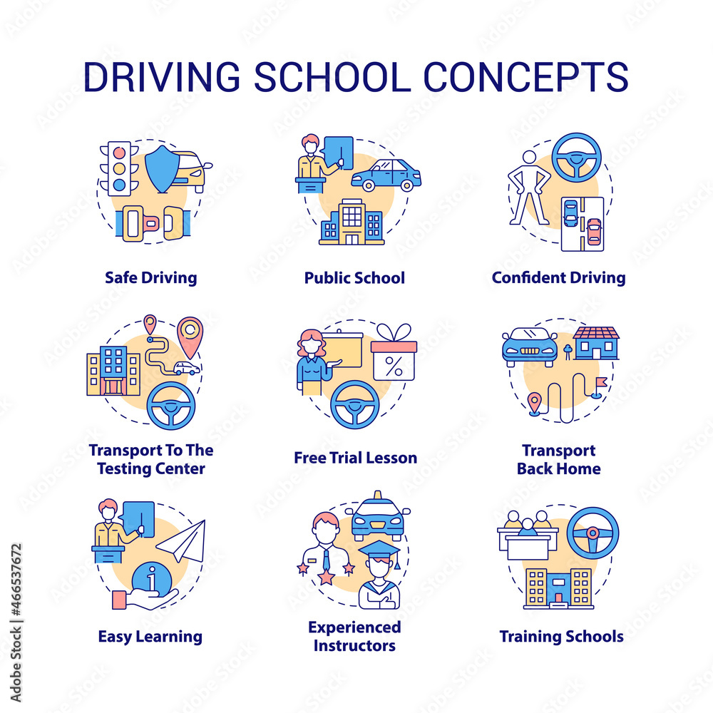 Driving school concept icons set. Car riding education idea thin line color illustrations. Learning road signs and rules. Drivers license. Vector isolated outline drawings. Editable stroke