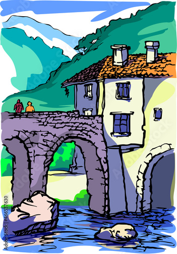 Fragment of a stone bridge and a house in a mountainous area. © VetravaArt