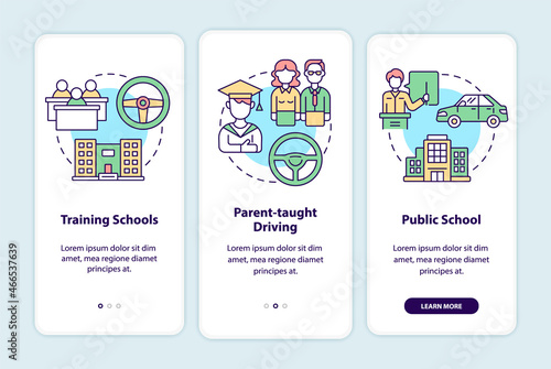 Driver education for teens onboarding mobile app page screen. Driving school walkthrough 3 steps graphic instructions with concepts. UI, UX, GUI vector template with linear color illustrations