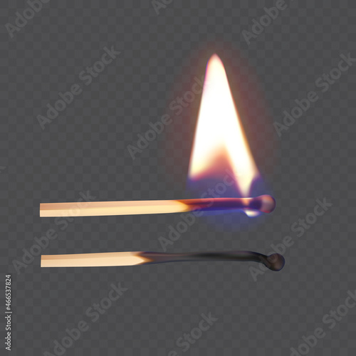 Realistic match stick closeup isolated on transparency grid background. Whole and burnt matchstick. Stages of burning the match. Symbol of ignition and burning