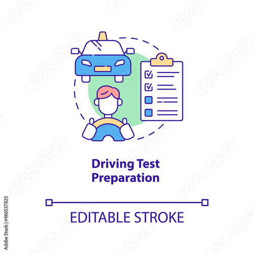 Driving test preparation concept icon. Driving school benefits abstract idea thin line illustration. Road and theory exam. Drivers license. Vector isolated outline color drawing. Editable stroke