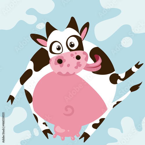 Fototapeta Naklejka Na Ścianę i Meble -  Cartoon cow milk. Agriculture farming. Natural background. Rural farming illustration. Blue background. Vector illustration. White background.