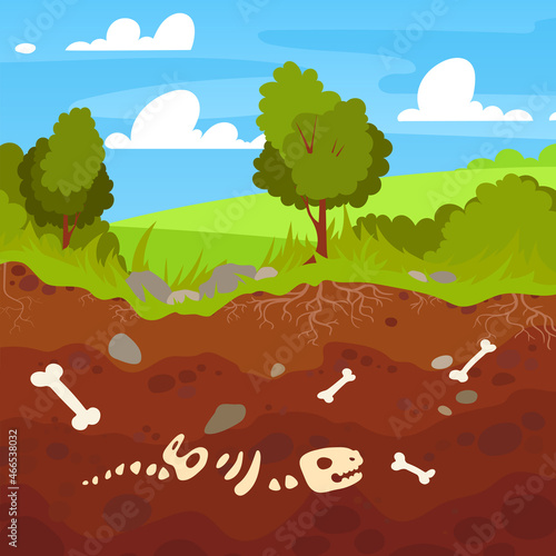 Landscape with trees and hills. Dinosaur bones undeground. Solid archeology, great design for any purposes.