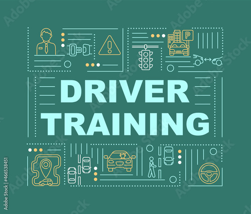 Drivers training word concepts banner. Practicing car riding. Infographics with linear icons on green background. Isolated creative typography. Vector outline color illustration with text