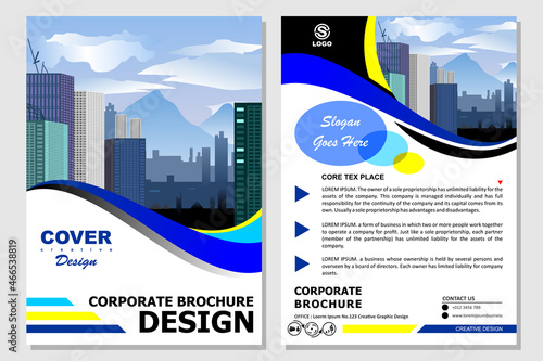 brochure templates, flyers, brochures, posters, cover designs, layout spaces for photo backgrounds, vector illustration templates in A4 size. brochure business. blue yellow brochure with wave pattern