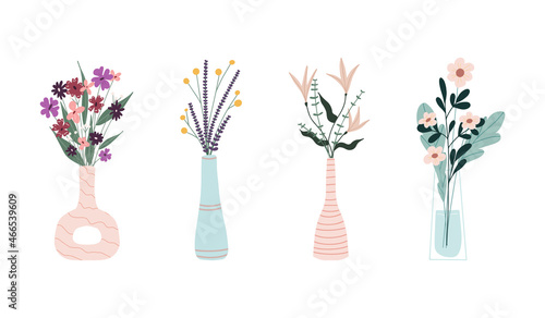 Set of bright spring blooming flowers in vases and bottles isolated on a white background. A bunch of bouquets. Set of decorative floral design elements. Cartoon flat vector illustration.