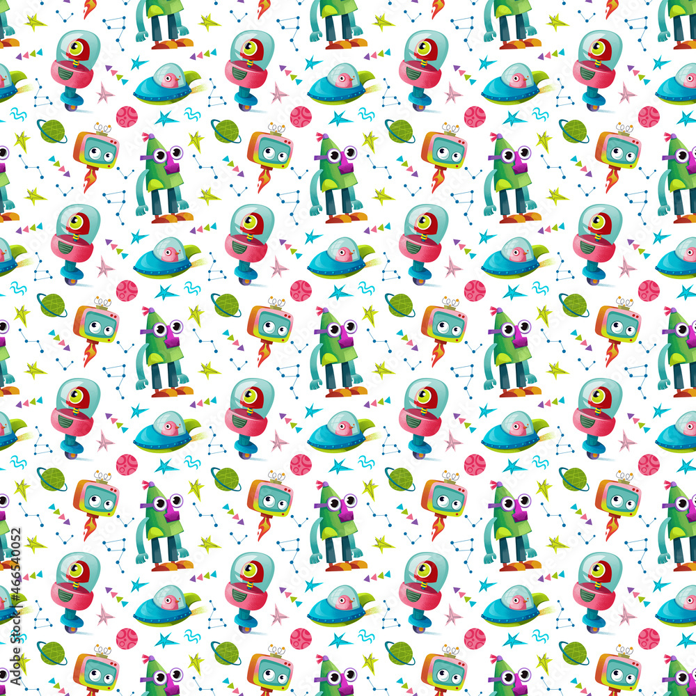 Robots, aliens and ufo on a white background. Seamless pattern for birthday decor. Children's illustration in cartoon style, hand drawing. Print for kids room textiles and invitations.