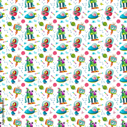 Robots, aliens and ufo on a white background. Seamless pattern for birthday decor. Children's illustration in cartoon style, hand drawing. Print for kids room textiles and invitations.