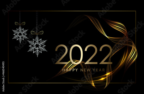 Happy New Year 2022, Christmas black illustration with curled stripes in gold color.
