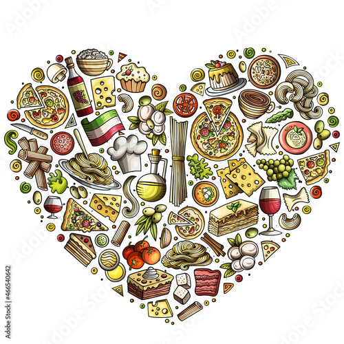 Set of Italian food cartoon doodle objects, symbols and items