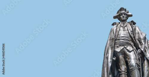 Banner with Monument of American general Baron von Steuben in downtown of Magdeburg, Germany, at blue sky solid background with copy space.