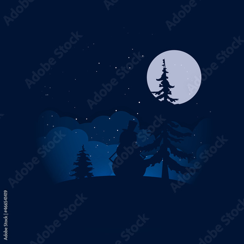 Christmas background with snowman and pine tree silhouette. the moon as the background vector EPS