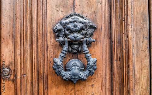 lion head door knocker on brown solid wood background