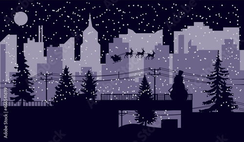 Santa Claus is coming in the town on a blue sky to wish you a Merry Christmas and Happy New Year. Vector illustration of winter image. EPS