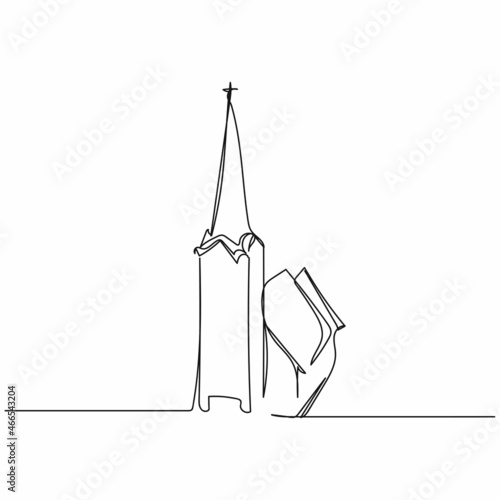 Vector continuous one single line drawing icon of christian old church in silhouette on a white background. Linear stylized. © Yana