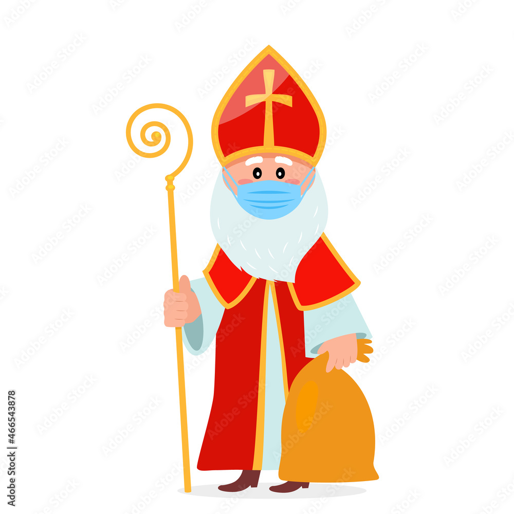 Saint Nicholas with a bag of gifts in a medical mask. Saint Nicholas with a bag of gifts in a medical mask.
