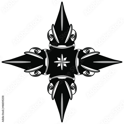 Rectangular cross design with four heads of chameleon lizard. Funny geometrical animal mandala. Black and white silhouette.