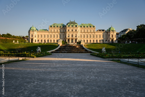 Famous Belvedere castle (Schloss Belvedere) surrounded by gardens with classic statues, Vienna, Austria