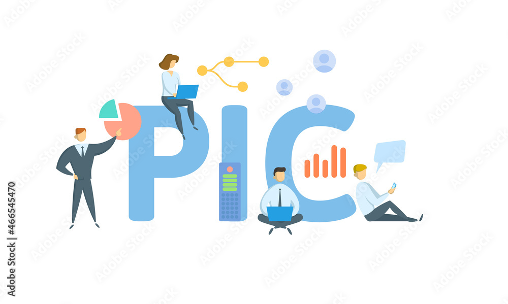 PIC, person-in-charge. Concept with keyword, people and icons. Flat vector illustration. Isolated on white.