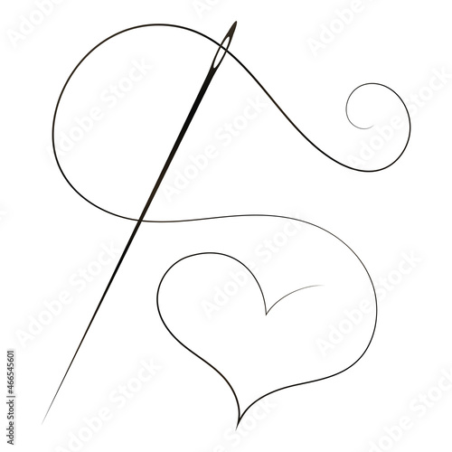 Thread with heart and needle. Cutting and sewing for a seamstress