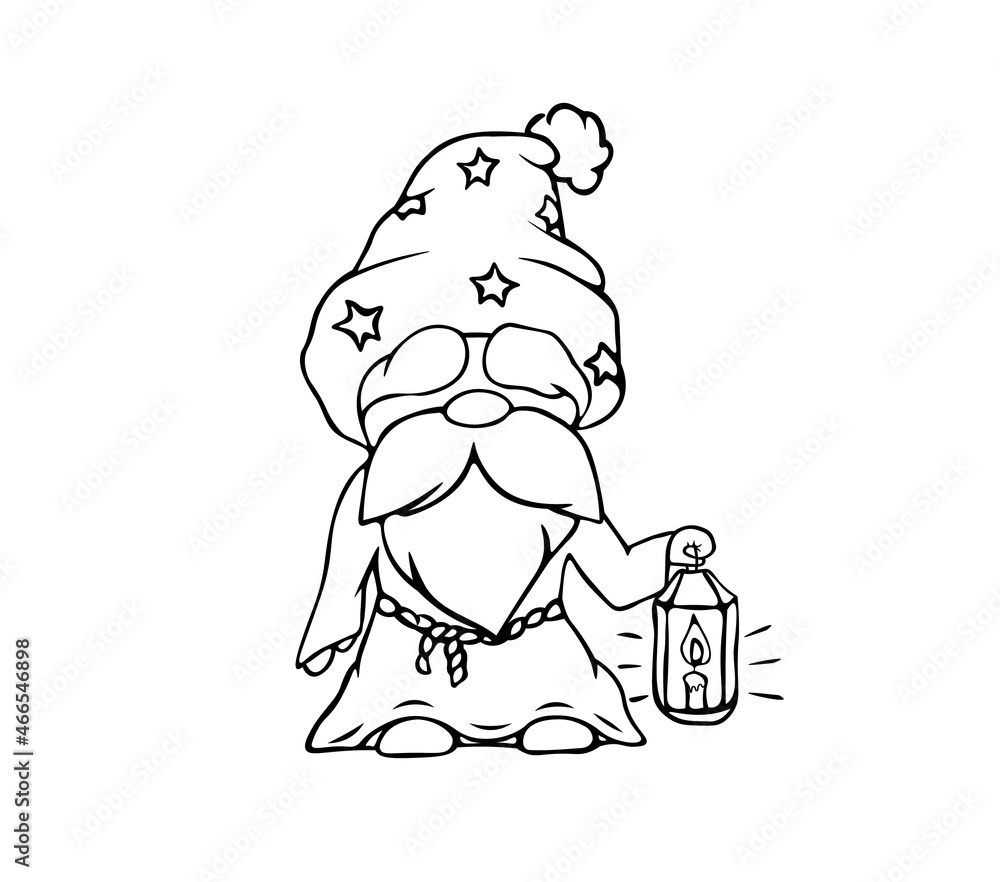 Vector illustration. A dwarf in a hat and dressing gown with a lantern. A gnome with a beard and mustache holding a lantern with a candle in his hands. Black and white drawing coloring book. Vector illustration. A dwarf in a hat and dressing gown with a lantern. A gnome with a beard and mustache holding a lantern with a candle in his hands. Black and white drawing coloring book.