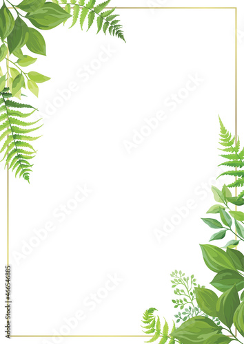 Floral frame template with forest herbs. Green leaves border with place for text. Vector illustration.