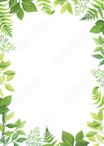 Floral frame template with forest herbs. Green leaves border with place for text. Vector illustration.