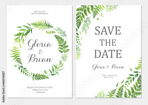 Wedding invitation with green leaves border. Invite card with place for text. Frame with forest herbs. Vector illustration.