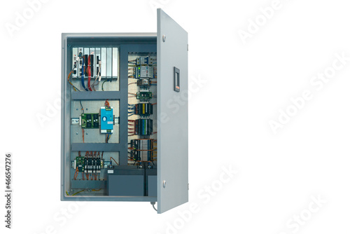 modern electric control cabinet with open door isolated on a white background