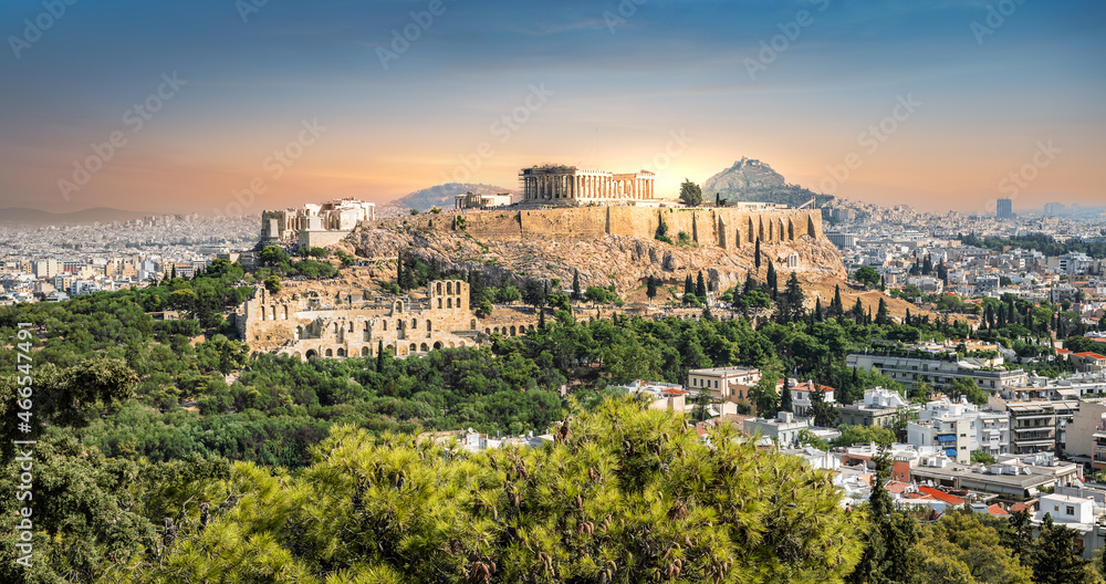 Acropolis skyline at sunset in Athens, Greece.