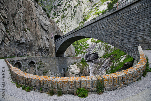 St. Gotthard Pass Teufelsbrücke Tunnel (San Gottardo) neue Strasse und Tremola photo