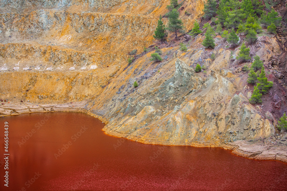 The Amazing Unusual Red Bloody Lake in the Abandoned Career for the Extraction of Gold and Other Colored Metals, Oxidized by Copper and Iron The Unusual Rare Appearance Lake on Cyprus Island