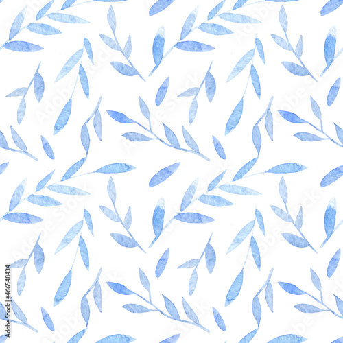Watercolor Seamless Pattern with light blue branches. Hand painted textured Background for Textile design or wrapping paper. Botanical backdrop