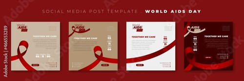 Set of social media post template with red awareness ribbon design. World Aids Day Template design.