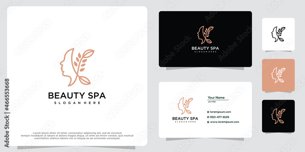 Women's beauty salon and spa line logo. Gold logo design, icon and business card template.