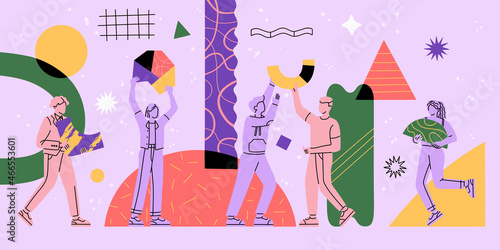 People group with abstract geometric shapes. Team building and teamwork concept. Business partnership, cooperation and communication. Hand drawn vector illustration. Modern flat cartoon style.