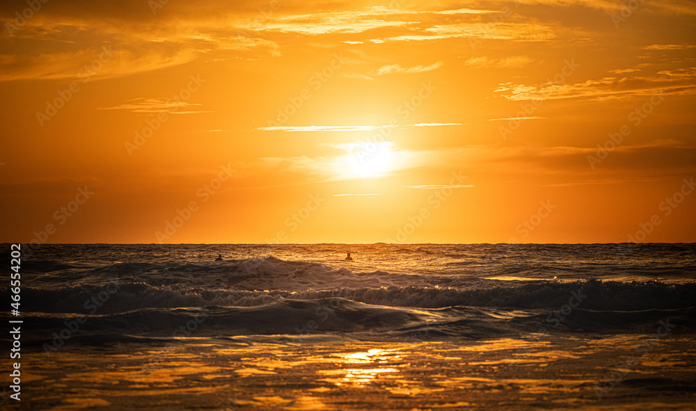 many surfers waiting the wave in backlights at the sunset alone in the ocean
