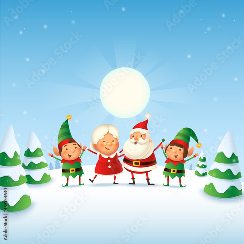 Santa Claus, Mrs Claus and Elvese celebrate winter holidays - winter landscape