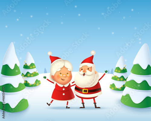 Happy and cute Santa Claus and Mrs Claus celebrate winter holidays - winter landscape