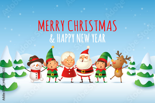 Happy and cute Santa Claus, Mrs Claus, Elves, Reindeer and Snowman celebrate winter holidays - Merry Christmas and Happy New Year