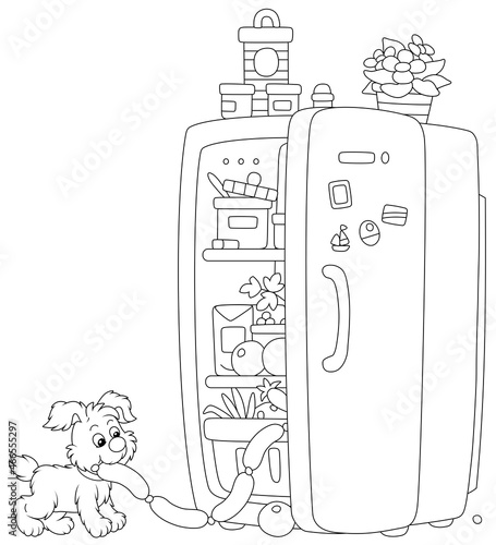 Little puppy glutton filching tasty sausages from a fridge with foods, black and white outline vector cartoon illustration for a coloring book page