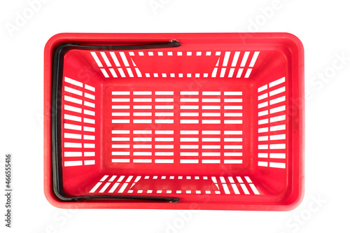 Empty red plastic shopping basket isolated on white background. Top view.