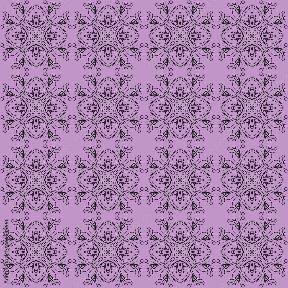 Fototapeta premium Abstract decorative flowers on lilac background, seamless decorative pattern