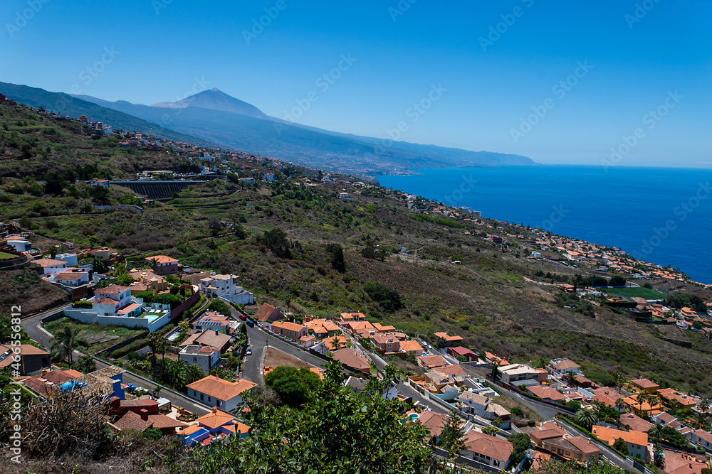 Tenerife Island with the city Puerto de la Cruz and the Teide volcano in the background. Tenerife. Canary Islands.